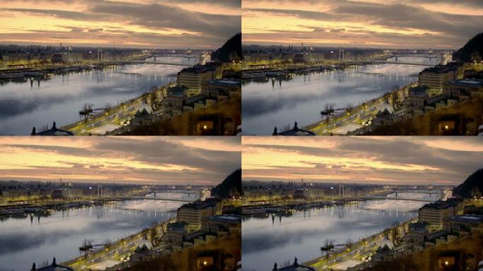 匈牙利布达佩斯黄昏时的WS城市景观和多瑙河