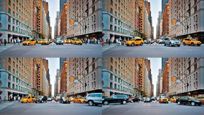 纽约大道的著名景色。黄色出租车。行人。金融大厦。复古风格的酒店。