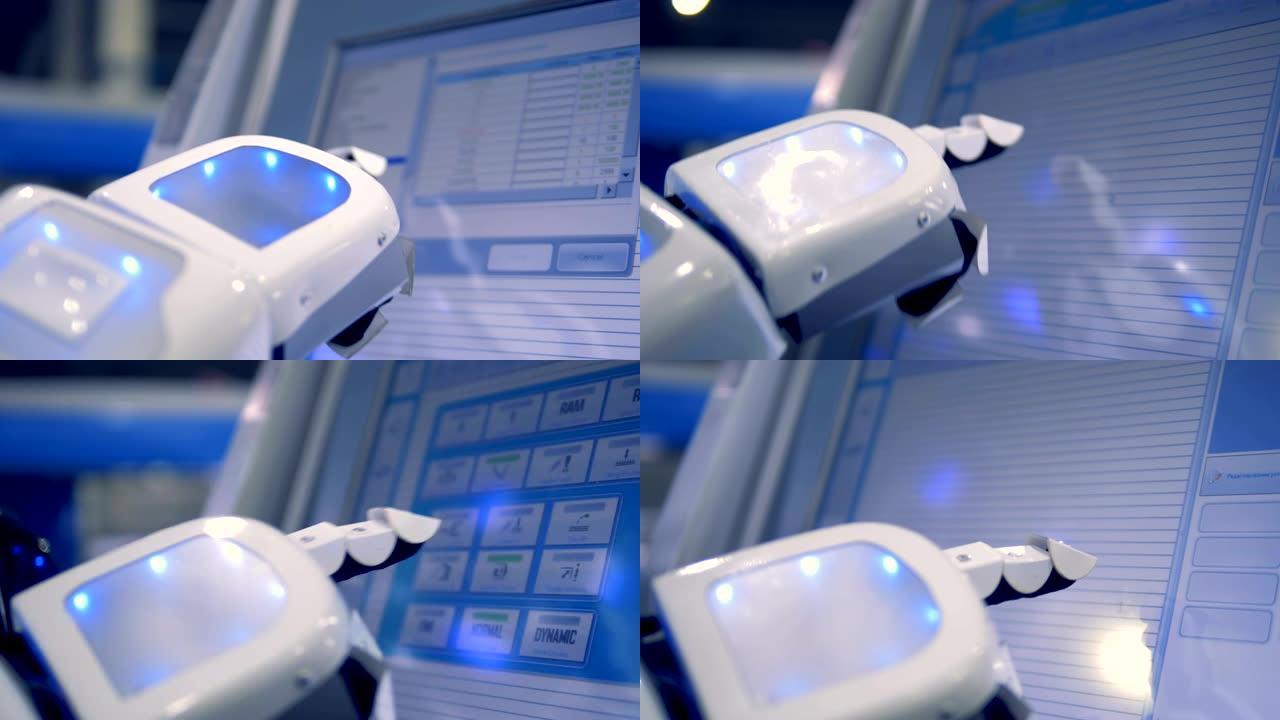 机器人与终端机器一起工作，特写镜头。