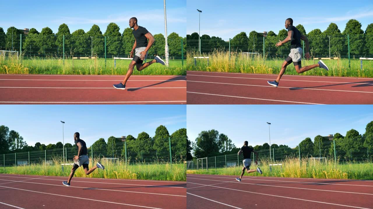 一名年轻的非洲男运动员的慢动作特写在阳光明媚的日子里在运动场的赛道上奔跑