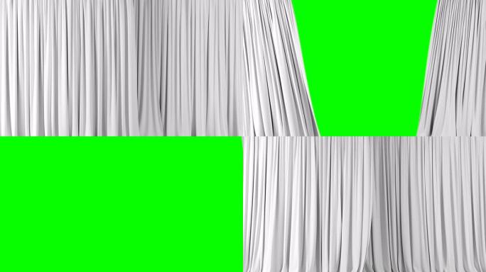 美丽的白色飘动窗帘在绿色屏幕上打开和关闭。用阿尔法哑光揭示背景的绢布抽象3d动画。