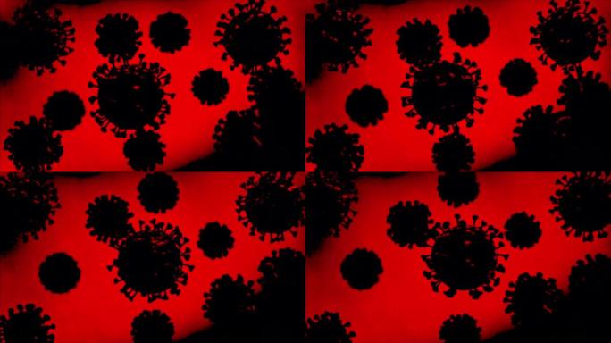黑色冠状病毒在红色背景上流动，3d运动循环图形。抽象的看。