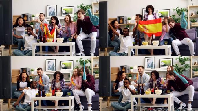 西班牙球迷在电视上观看体育比赛，一起在家里享受胜利
