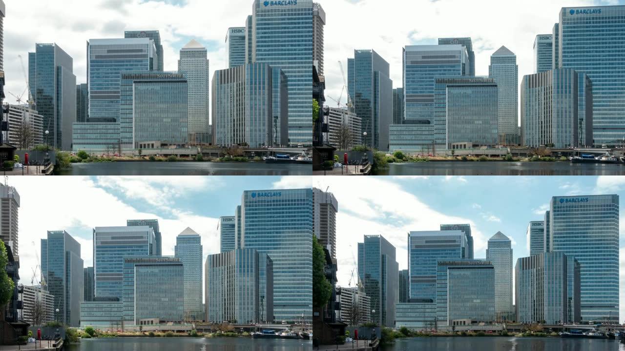 延时: 英国伦敦金丝雀码头的办公楼天际线摩天大楼