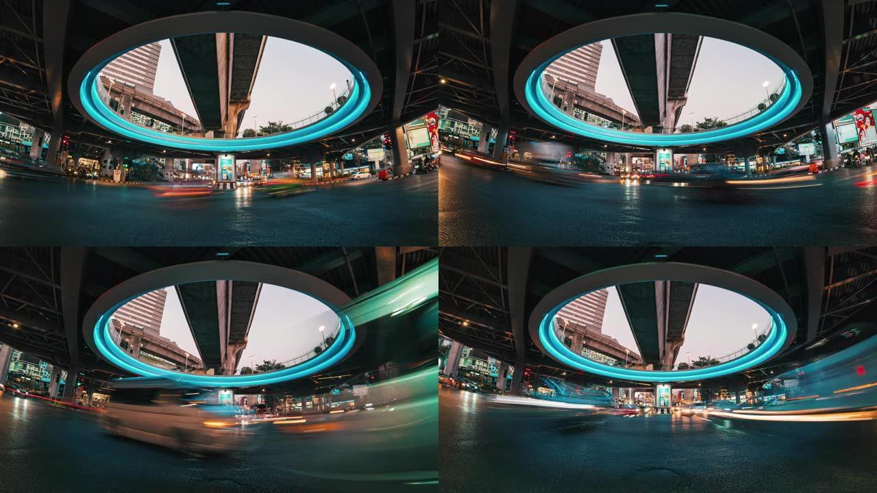 4k延时曼谷夜间高峰时段交通拥堵和汽车人群交叉路口的长时间暴露，具有城市景观概念的交通
