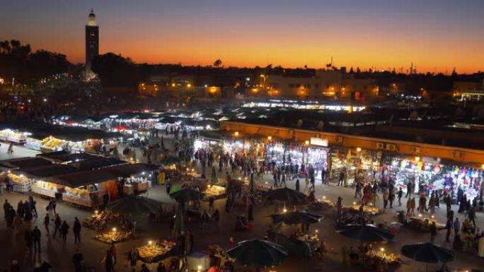 加马 · 法纳 (Jemaa el-Fnaa)马拉喀什,摩洛哥。4K, UHD