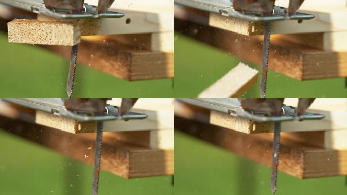 宏观，doff: 木匠的拼图从较长的木板上切下一块胶合板。