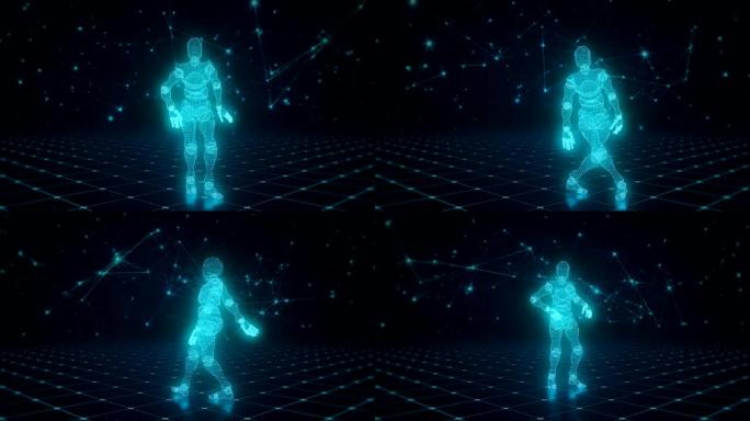 在全球连接的技术背景上，从网格地板上的多边形跳舞的蓝色3D角色发光人工智能，无缝循环动画