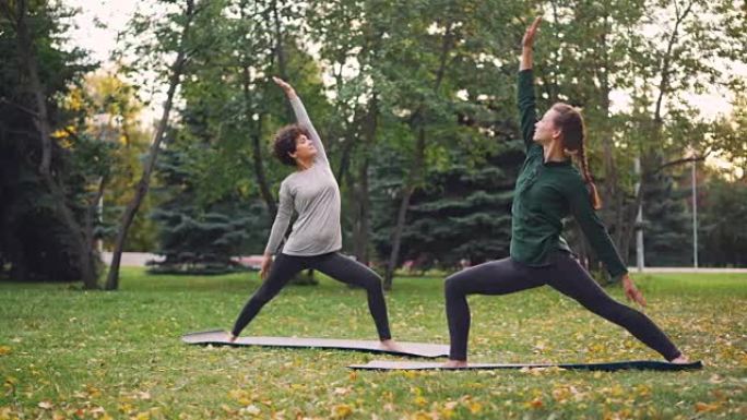 两个漂亮的女孩瑜伽老师和学生正在公园里练习体式序列，站在垫子上，移动身体和手臂。千禧一代和休闲概念。