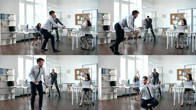 精力充沛的商人在办公室跳舞和表演技巧