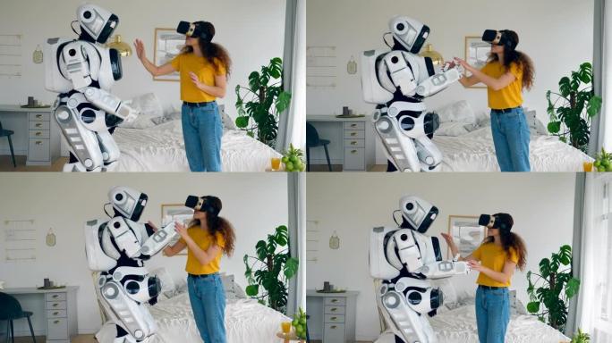 戴VR眼镜的女人正在触摸机器人