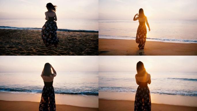 镜头跟随年轻的旅游女子穿着漂亮的衣服，在史诗般的田园诗般的异国度假胜地海洋海滩上奔向日落。