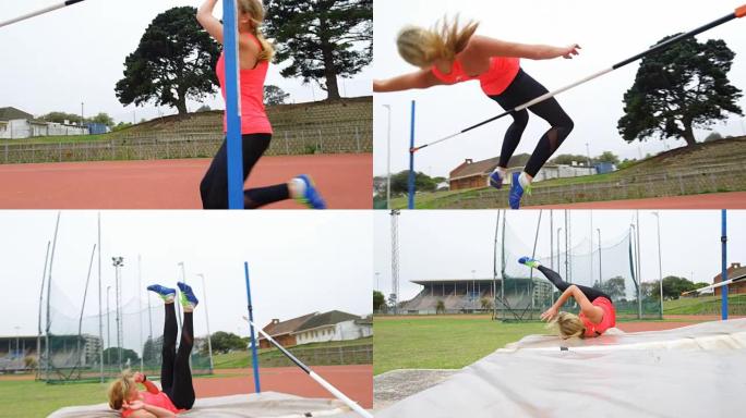 女运动员在运动场练习跳高4k