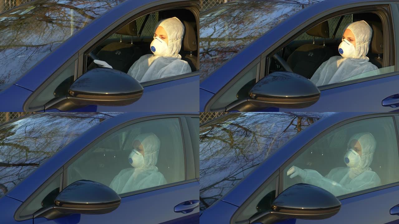 特写: 穿着口罩和西装的年轻护士开车前往covid19检查站