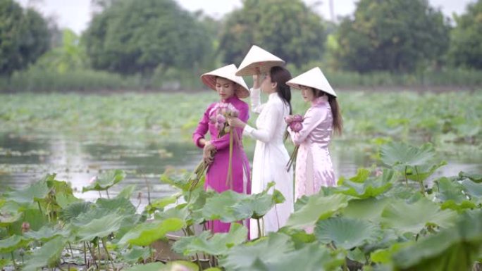 一个穿着越南民族服装或奥黛文化传统的年轻女子站在船上，在荷花花园里。越南