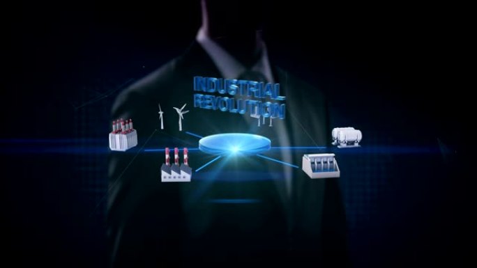 商人触摸屏幕，智能工厂，太阳能电池板，风力发电机，水力发电连接 '工业革命'，绿色能源。4k电影。