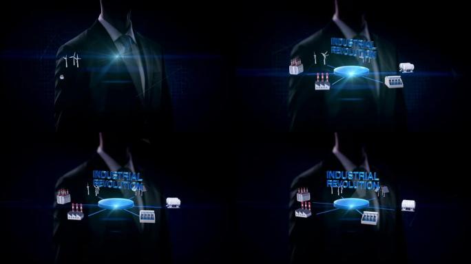 商人触摸屏幕，智能工厂，太阳能电池板，风力发电机，水力发电连接 '工业革命'，绿色能源。4k电影。