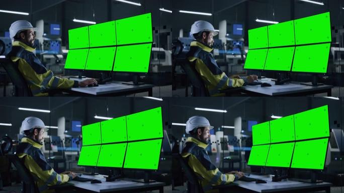 工业4.0现代工厂: 英俊的男性操作员控制设施，使用具有多个色度键/绿屏显示的计算机。背景黑暗的自动