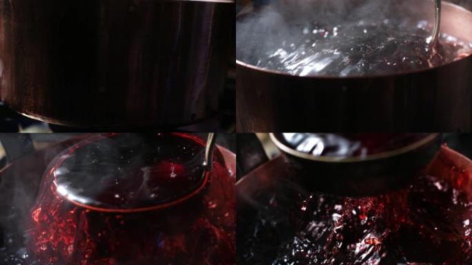 用勺子从铜锅中采摘樱桃汁。超级慢动作，特写