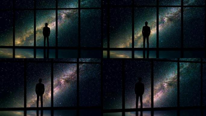 站在星空背景的窗户附近的那个人。时间流逝