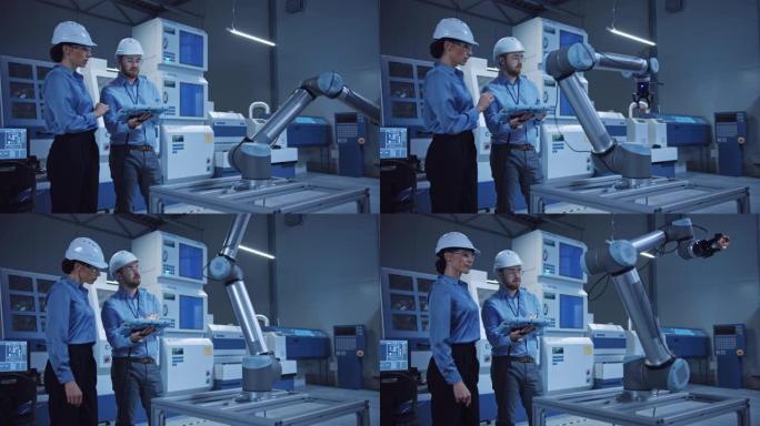 工厂车间: 专业女工程师，男机械操作员使用工业数字平板电脑工作，为生产线编程机械臂。带数控机床的高科