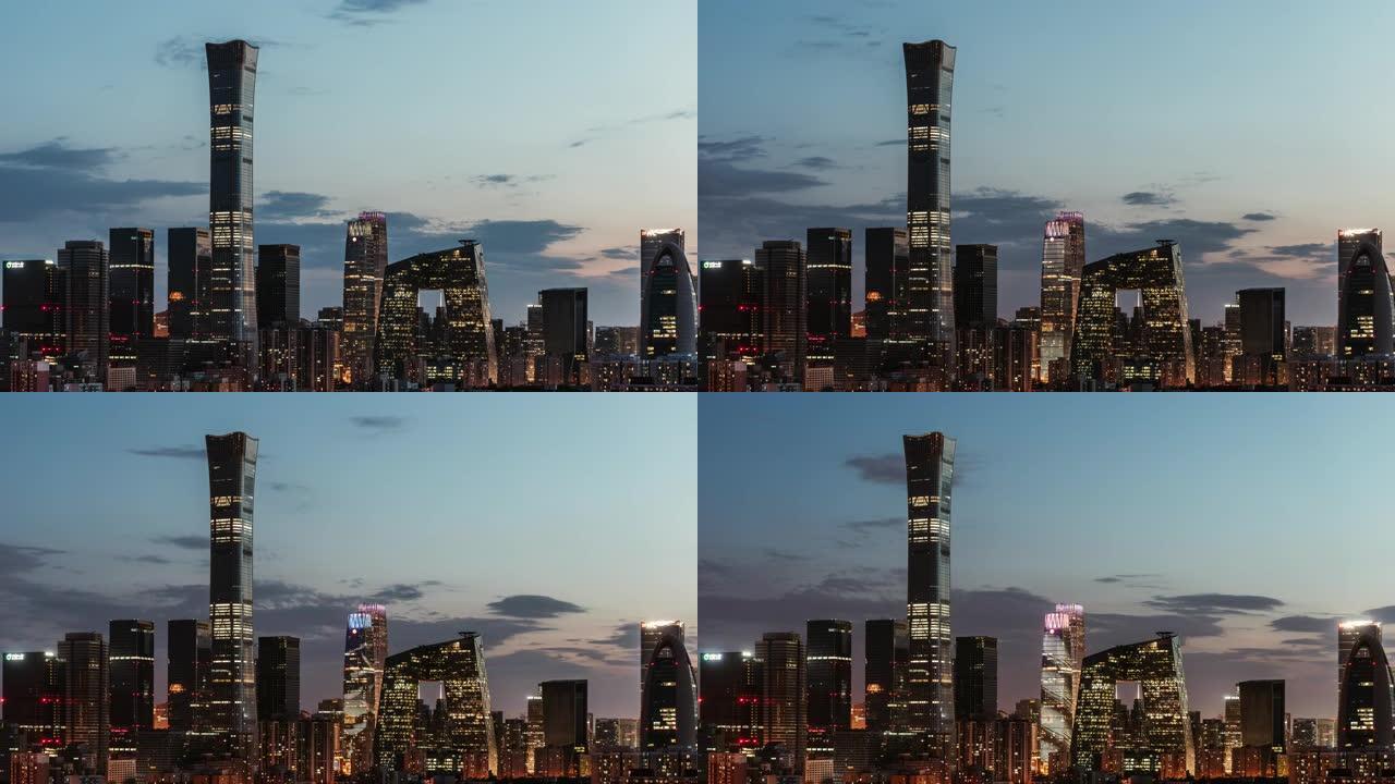 黄昏时北京天际线和市中心的T/L鸟瞰图/中国北京