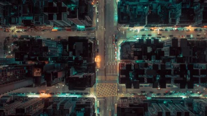4k分辨率无人机视角香港城市超限和夜间道路交叉口鸟瞰图，香港交通和运输概念
