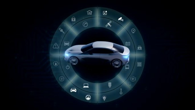 带各种智能物联网图标的旋转电子汽车，人工智能。