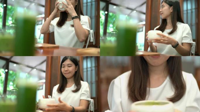 两张亚洲妇女在日本咖啡馆喝热绿茶的照片