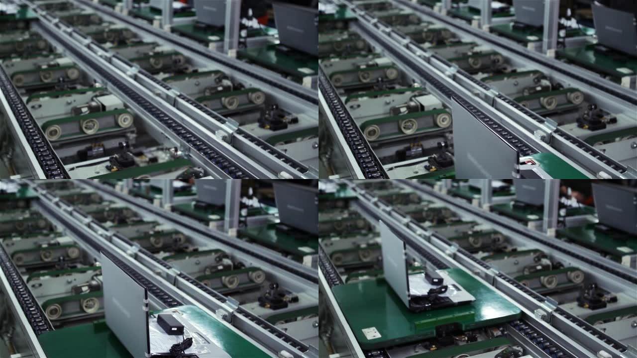 笔记本电脑工厂的生产线。主板组装。生产线上的工人。