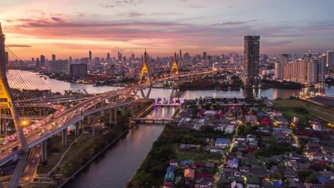 4k分辨率延时空中桥梁和城市，泰国首都曼谷市的交通信号灯