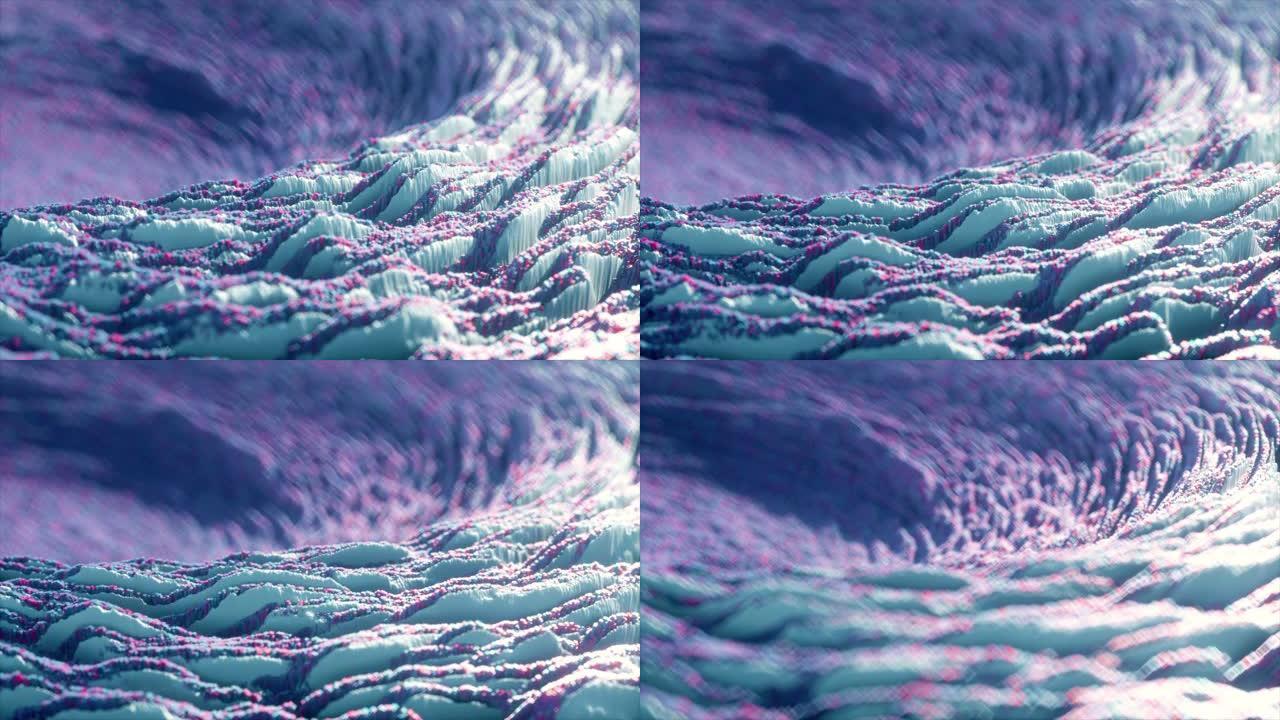 抽象波位移面。抽象行星表面。噪声纹理产生高低表面细节。蓝色粉色光谱。无缝循环4k 3d渲染