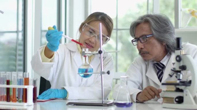 4k: 两名科学家在实验室滴液和分析结果。