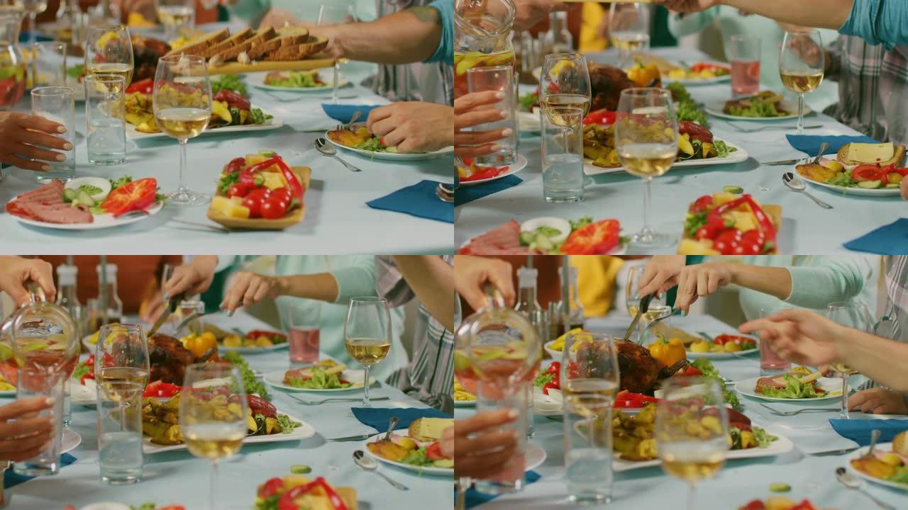 特写镜头: 大家庭和朋友在家里庆祝，各种各样的年轻人和老人共享饭菜，传递菜肴，吃喝玩乐。