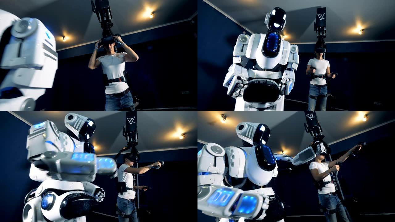 年轻玩家用VR设备控制机器人，特写。