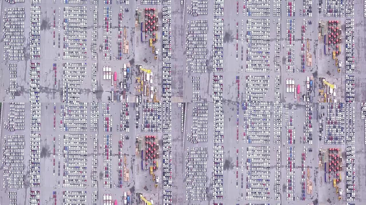 新加坡深水港汽车出口行业新车仓储停车场鸟瞰图