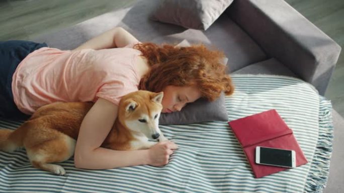 白天，漂亮女孩和忠诚的狗一起睡在沙发上放松