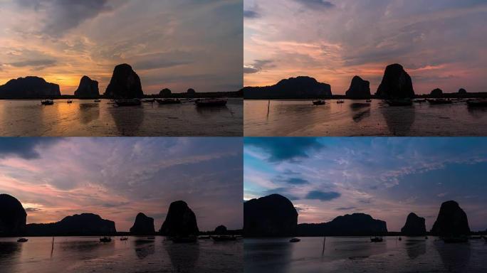 4k延时剪辑白梦海滩风景的日落时间点，自然旅行和度假概念