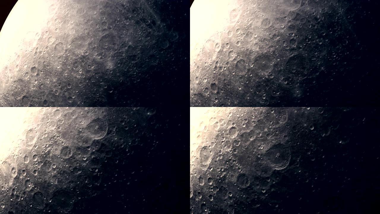 相机靠近旋转的月亮飞行。