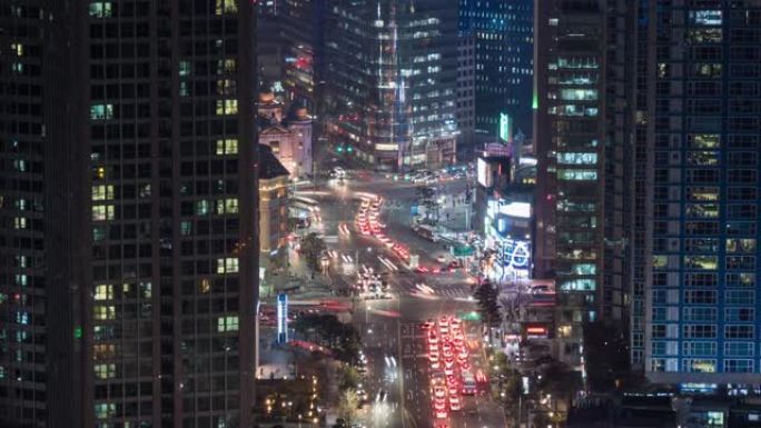 夜间的城市交通信号灯。韩国首尔。时间流逝。4K, UHD