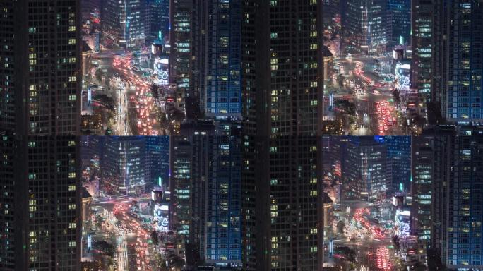 夜间的城市交通信号灯。韩国首尔。时间流逝。4K, UHD