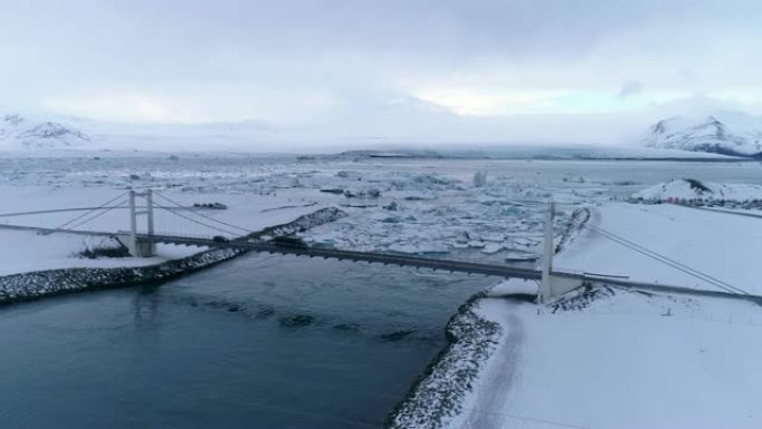 WS风景观景桥和冰雪覆盖的景观，约库尔萨隆泻湖，冰岛