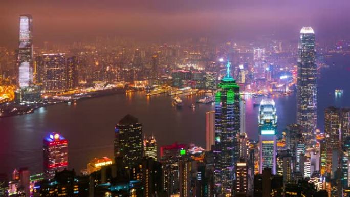 香港摩天大楼和城市景观在夜间的延时。