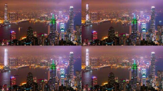 香港摩天大楼和城市景观在夜间的延时。