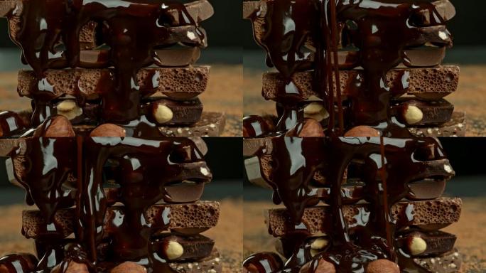 堆放各种巧克力片和坚果。高质量超高清镜头。