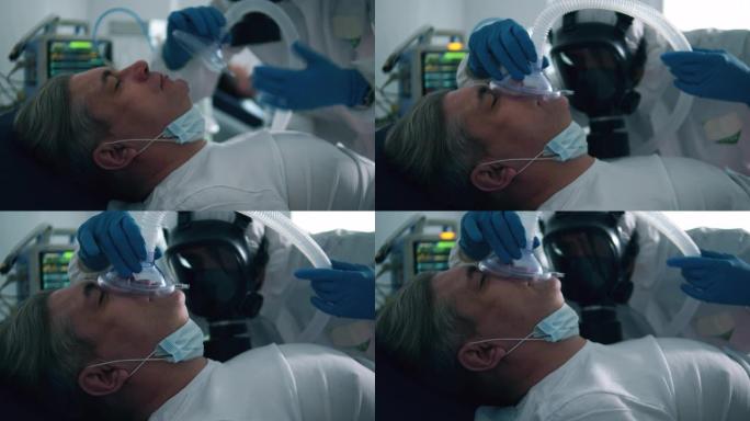 氧气面罩正在附着在一名老年患者身上