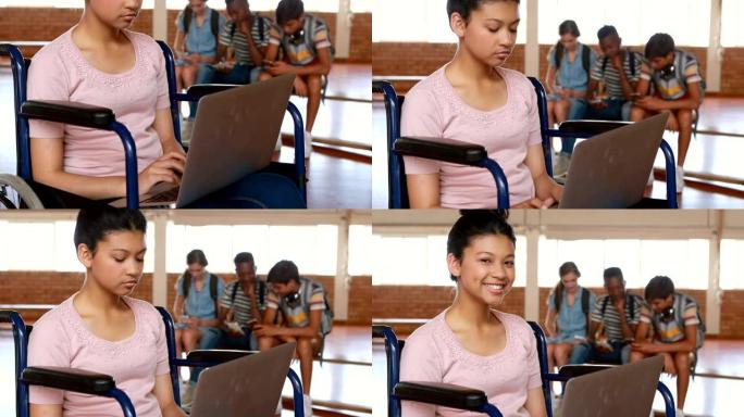 残疾女学生使用数字平板电脑，背景为同学