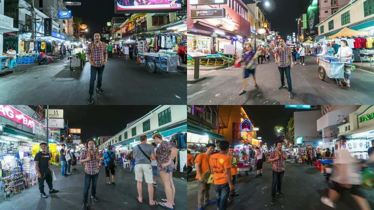 在泰国曼谷的人们中，迷人的年轻亚洲游客在Khaosan路步行街旅行。，旅游和户外市场概念