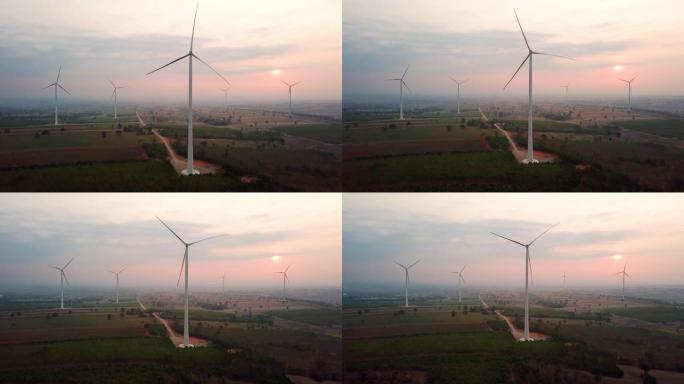 风力涡轮机替代能源的空中拍摄，日落早晨