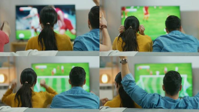 在家里，各种各样的体育迷坐在沙发上观看电视上的重要足球比赛，他们为球队加油，在球队进球后庆祝胜利。移